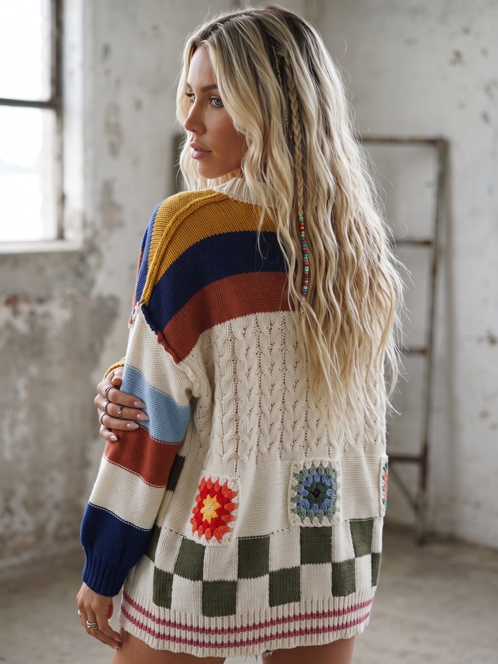 NWT POL Granny Tile Crochet Handmade Stripe Chenille Cardigan Sweater - Picture 8 of 16